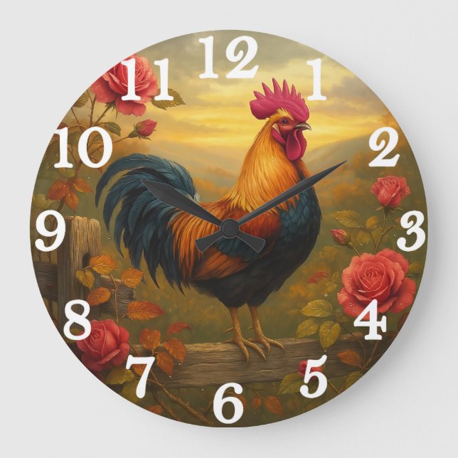 Vibrant rooster in golden sunset große wanduhr (Vorderseite)