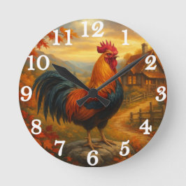 Vibrant rooster in rustic farmyard runde wanduhr