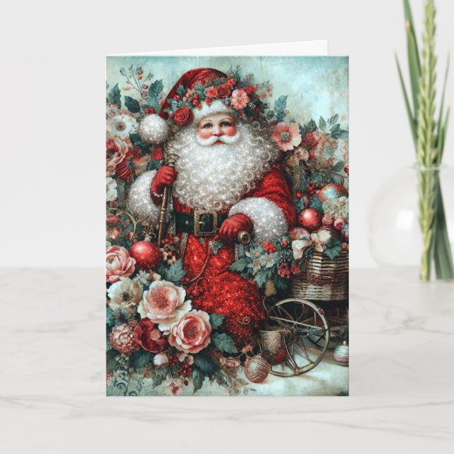 Vibrant Rustic Floral Vintage Santa Feiertagskarte (Vorderseite)