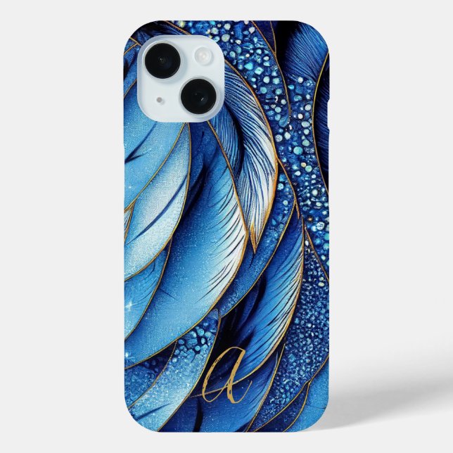 Vibrant Sapphire Blue Gold Feathers Mit Monogramm Case-Mate iPhone Hülle (Rückseite)