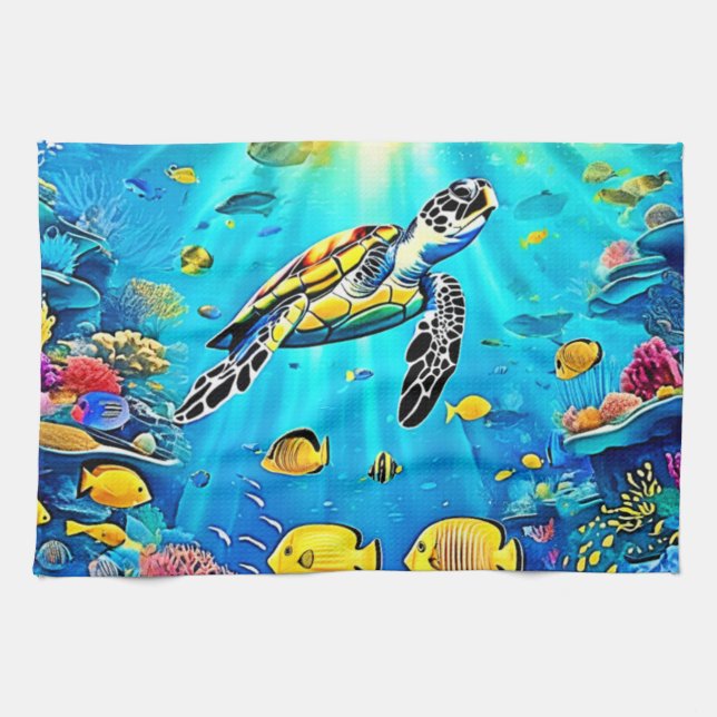 Vibrant Sea Turtle Reef Art Geschirrtuch (Horizontal)