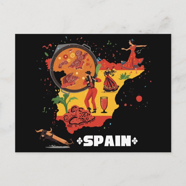 Vibrant Spain Map Flamenco, Paella & Bull Postkarte (Vorderseite)
