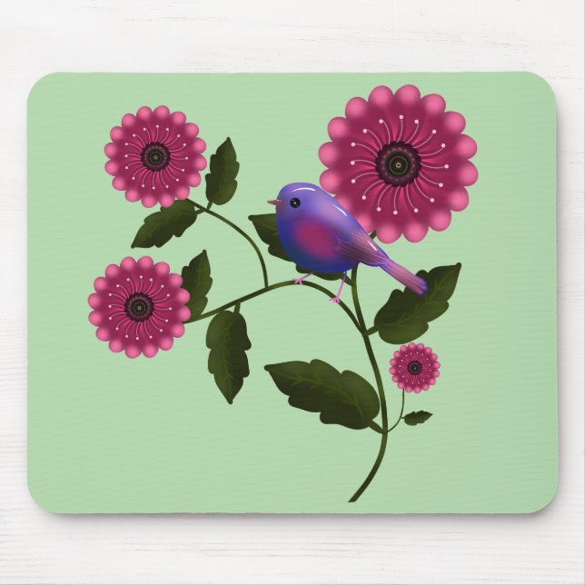 Vibrant Spring Floral with Cute Purple Bird Art Mousepad (Vorne)