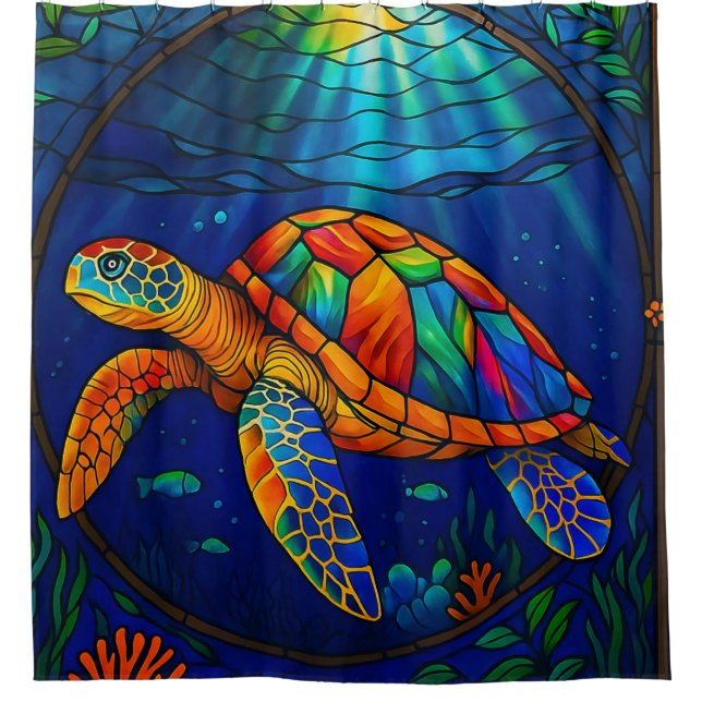 Vibrant Stained Glass Sea Turtle Ocean Design Duschvorhang (Vorderseite)
