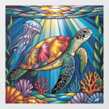 Vibrant Stained Glass Sea Turtle Ocean Design