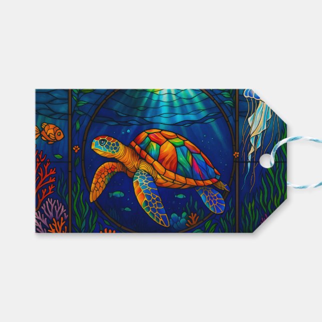 Vibrant Stained Glass Sea Turtle Ocean Design Geschenkanhänger (Vorderseite (Horizontal))