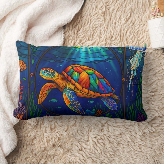 Vibrant Stained Glass Sea Turtle Ocean Design Lendenkissen (Decke)