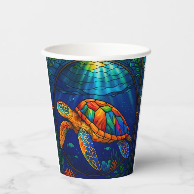 Vibrant Stained Glass Sea Turtle Ocean Design Pappbecher (Vorderseite)