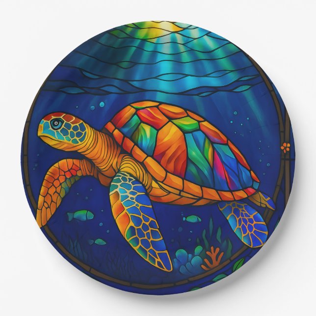 Vibrant Stained Glass Sea Turtle Ocean Design Pappteller (Vorderseite)