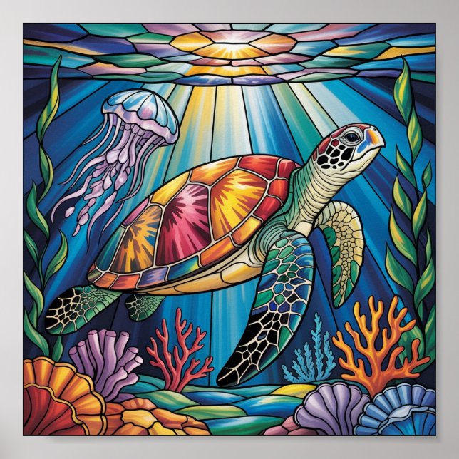 Vibrant Stained Glass Sea Turtle Ocean Design Poster (Vorne)
