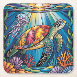 Vibrant Stained Glass Sea Turtle Ocean Design Rechteckiger Pappuntersetzer