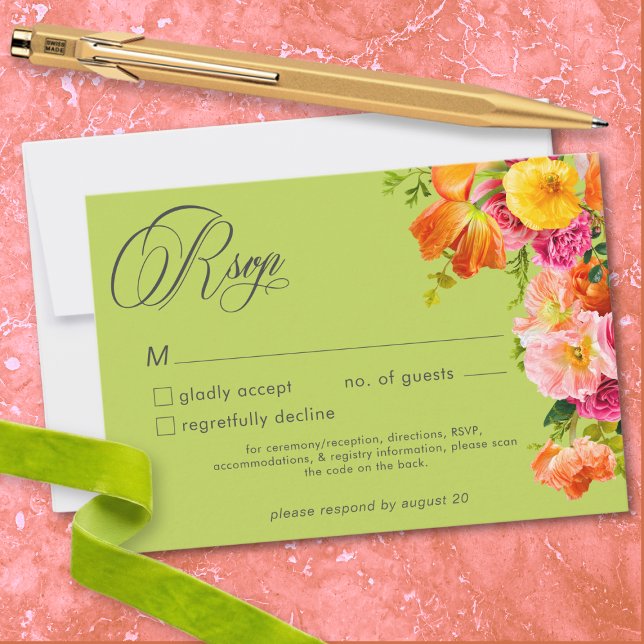 Vibrant Summer Floral Lime Orange Pink Wedding RSVP Karte (Vibrant Summer Floral Lime Orange Pink Wedding RSVP Card)