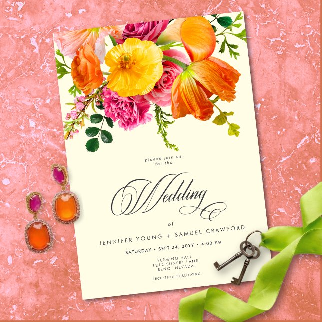 Vibrant Summer Floral Yellow Orange Pink Wedding Einladung (Vibrant Summer Floral Yellow Orange Pink Wedding Invitation)