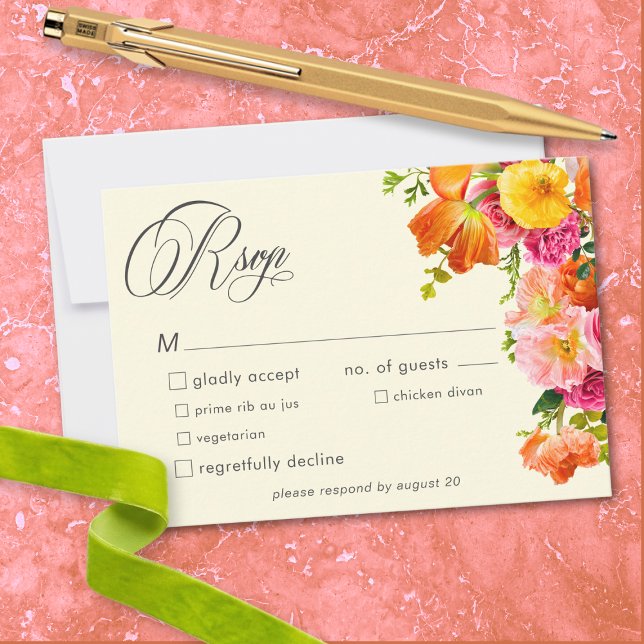 Vibrant Summer Floral Yellow Orange Pink Wedding RSVP Karte (Vibrant Summer Floral Yellow Orange Pink Wedding RSVP Card)