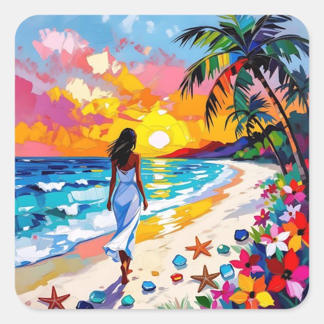Vibrant Sunset Abstract Beach Scene Quadratischer Aufkleber (Vorderseite)