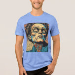 Vibrant Surrealist Swirl Portrait with Retro Pop A Tri-Blend Shirt<br><div class="desc">Vibrant Surrealist Swirl Portrait with Retro Pop Art Aesthetic Description An expressive and stylized portrait of a figure wearing round spectacles, rendered in a bold, illustrative style reminiscent of mid-century graphic novels and psychedelic art. The piece features a dynamic color palette of teal, orange, and cream, with heavy black ink...</div>