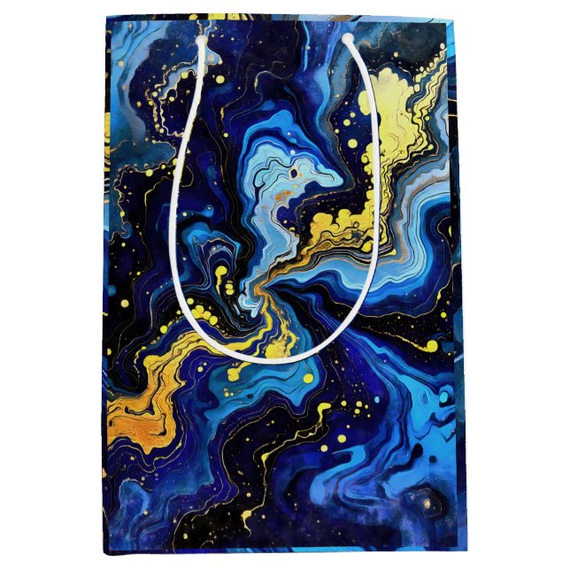 Vibrant Swirls of Blue and Gold 4 Mittlere Geschenktüte (Vorderseite)