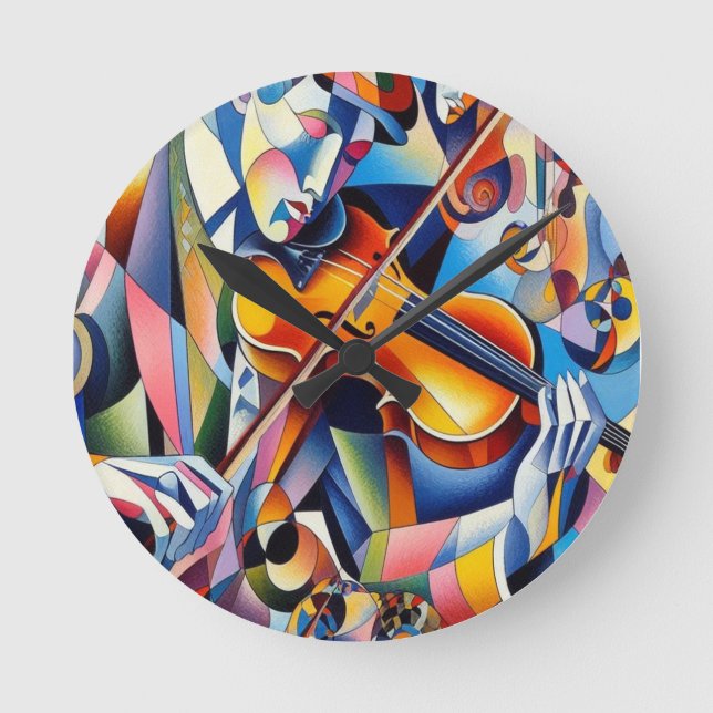 Vibrant Symphony: Abstract Violinist Art Runde Wanduhr (Vorderseite)