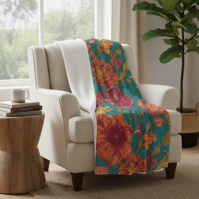 Vibrant Teal and Orange Floral Fleecedecke (Von Creator hochgeladen)