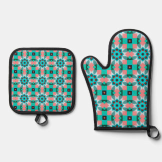 Vibrant Teal and Salmon Geometric Kaleidoscope Pat Ofenhandschuh & Topflappen-Set