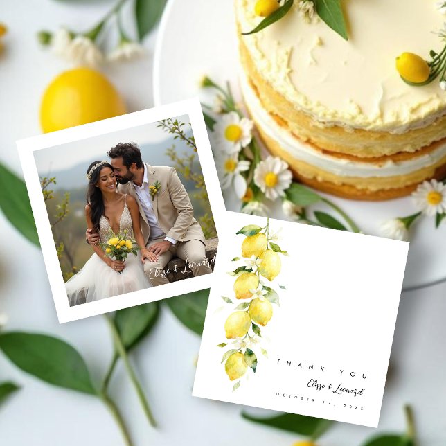 Vibrant Timeless Lemons Branches Wedding Photo Dankeskarte (Vibrant Timeless Lemons Branches Wedding Thank You Cards with Back Photo.)