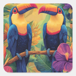 Vibrant Toucan Painting Tropical Birds in Paradies Quadratischer Aufkleber
