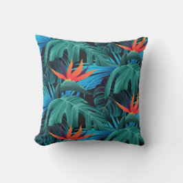 vibrant tropical leaves and orange flowers kissen