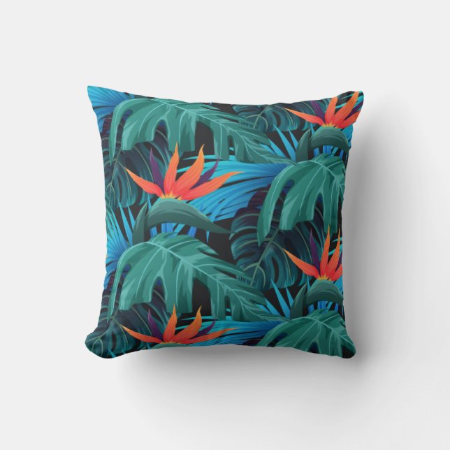 vibrant tropical leaves and orange flowers kissen (Vorderseite)