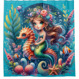 "Vibrant Underwater Mermaid Riding Seepferd" Duschvorhang
