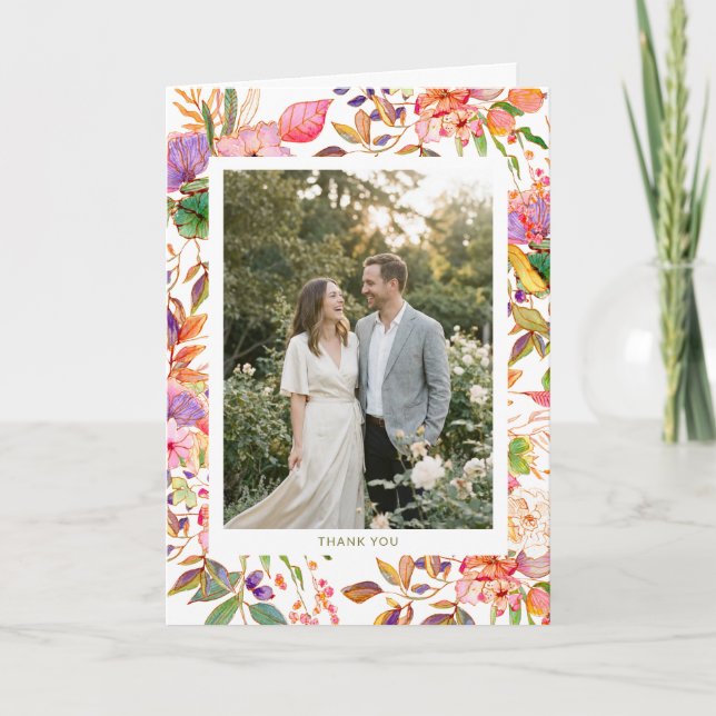 Vibrant Watercolor Floral Custom Photo Wedding Dankeskarte (Vorderseite)