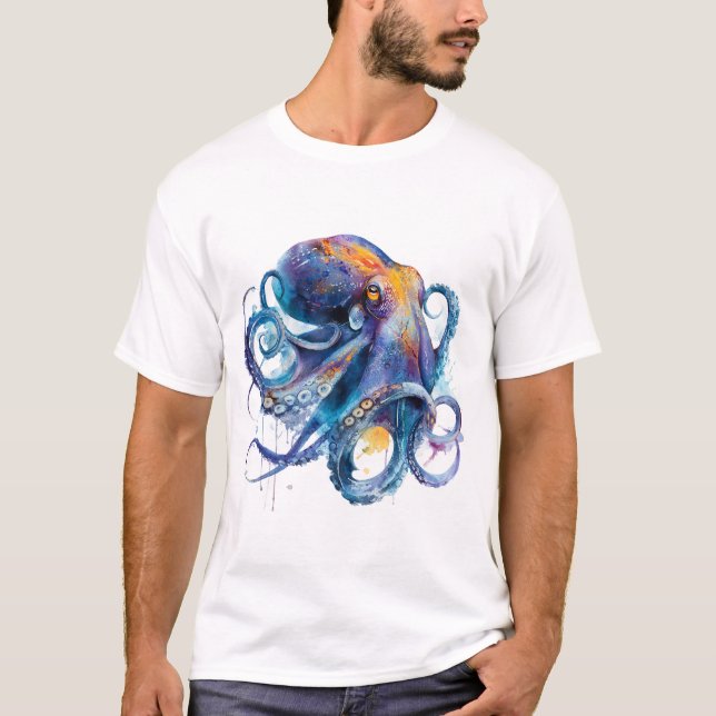 Vibrant Watercolor Octopus — Coastal Ocean Art T-Shirt (Vorderseite)