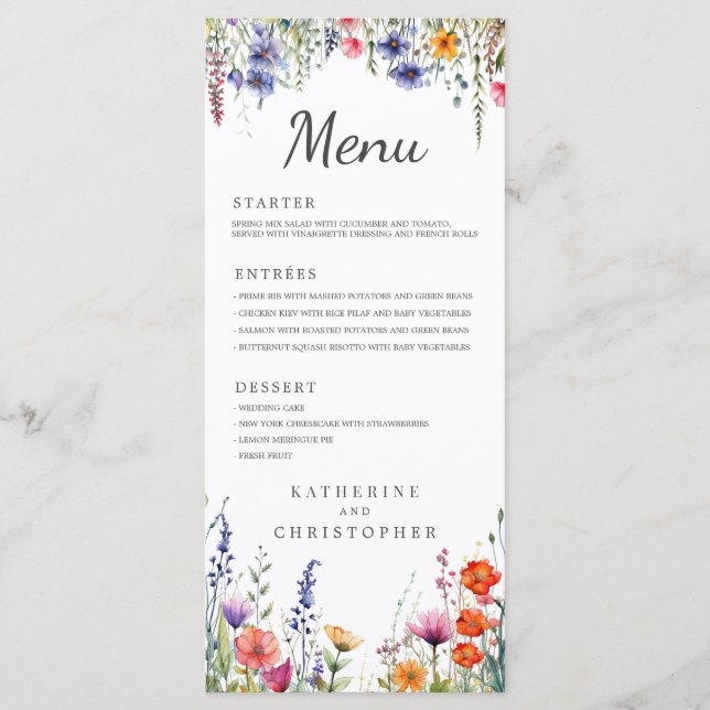 Vibrant Watercolor Wildflowers Elegant Wedding Menükarte (Vorderseite)