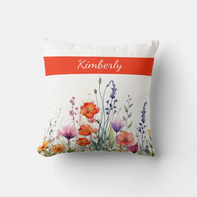 Vibrant Watercolor Wildflowers Personalized Kissen (Vorderseite)