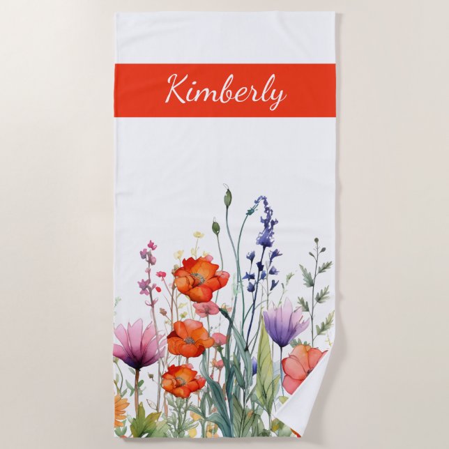 Vibrant Watercolor Wildflowers Personalized Strandtuch (Vorderseite)