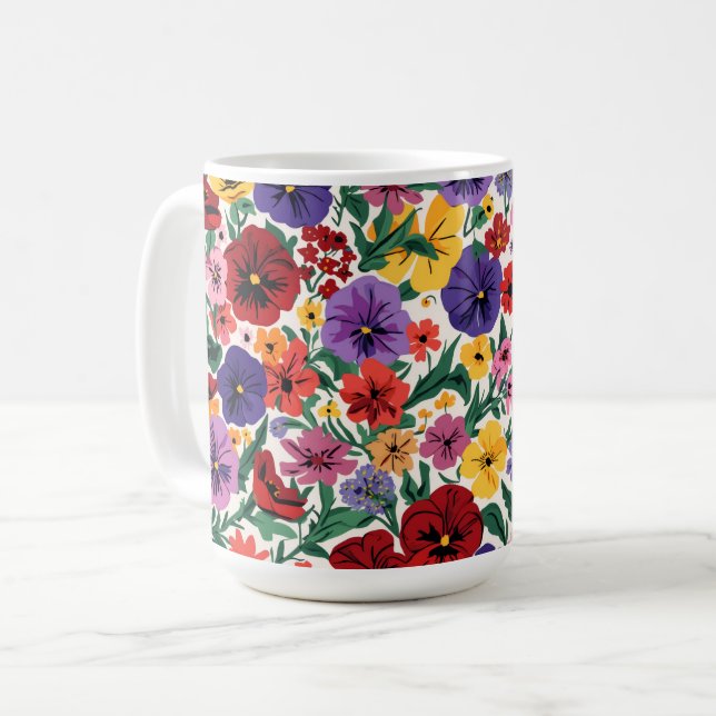 Vibrant Wildflower Pansy Botanical Pattern Kaffeetasse (Vorderseite Links)