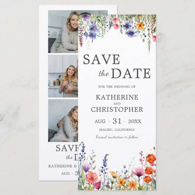 Vibrant Wildflowers 3 Photo Wedding Save the Date (Vorne/Hinten)