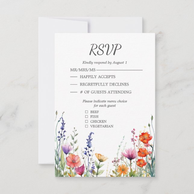 Vibrant Wildflowers Elegant Wedding RSVP Card Karte (Vorderseite)