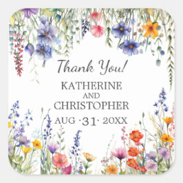 Vibrant Wildflowers Wedding Elegant Thank You Quadratischer Aufkleber