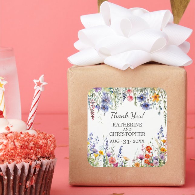 Vibrant Wildflowers Wedding Elegant Thank You Quadratischer Aufkleber (Party)