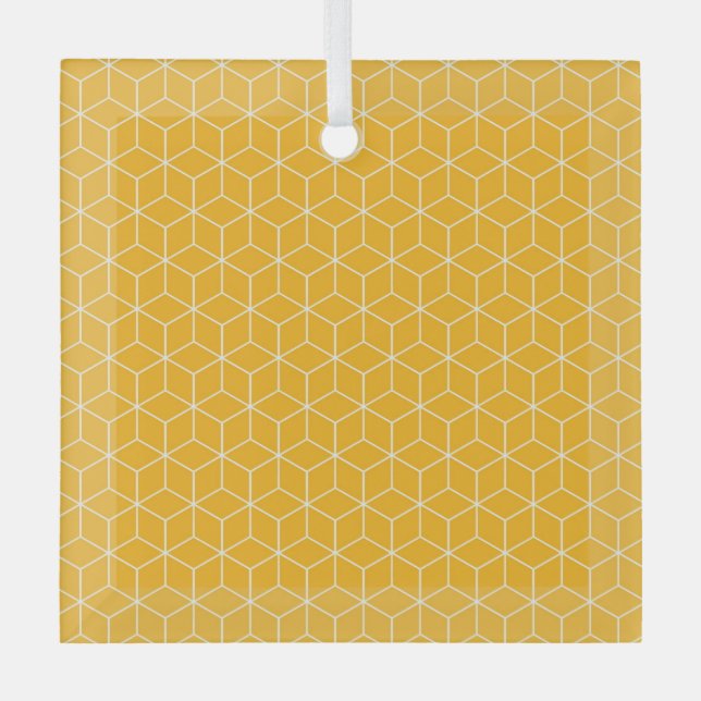 Vibrant Yellow Hexagonal Cube Pattern Design Ornament Aus Glas (Vorderseite)