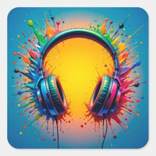 🎧 Vibrante Kopfhörer Farbe Splash Pop Art Quadratischer Aufkleber