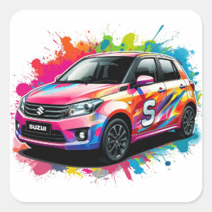 Vibranter Sportwagen mit Farbtupfern Quadratischer Aufkleber