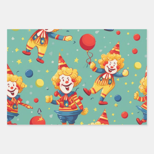 Vibrany Happy Birthday Clowns Pattern Geschenkpapier Set (Vorderseite)
