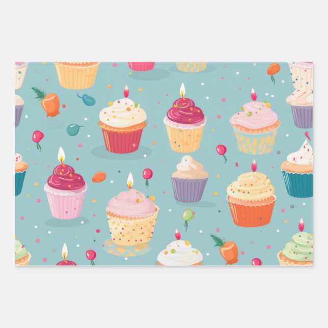 Vibrany Happy Birthday Cupcakes Pattern Geschenkpapier Set (Vorderseite)