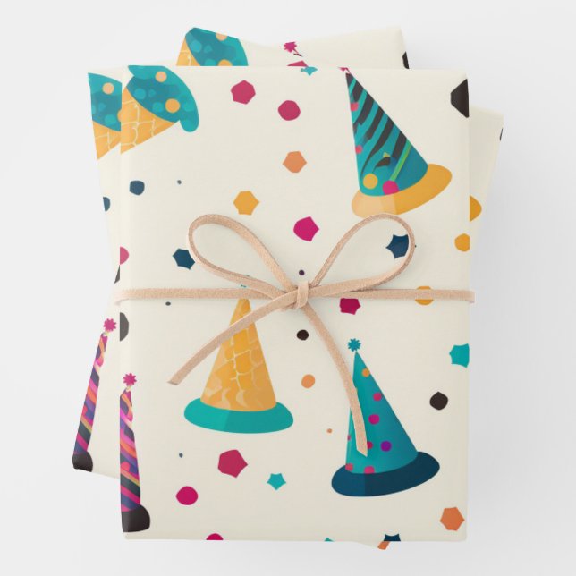 Vibrany Happy Birthday Party Hats Pattern Geschenkpapier Set (Beispiel)