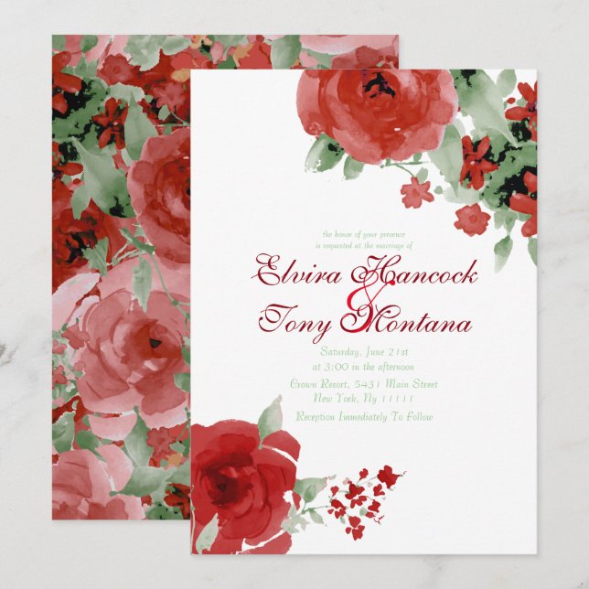 Vibrierende rote Watercolor-Rose, Wedding Einladung (Vorne/Hinten)