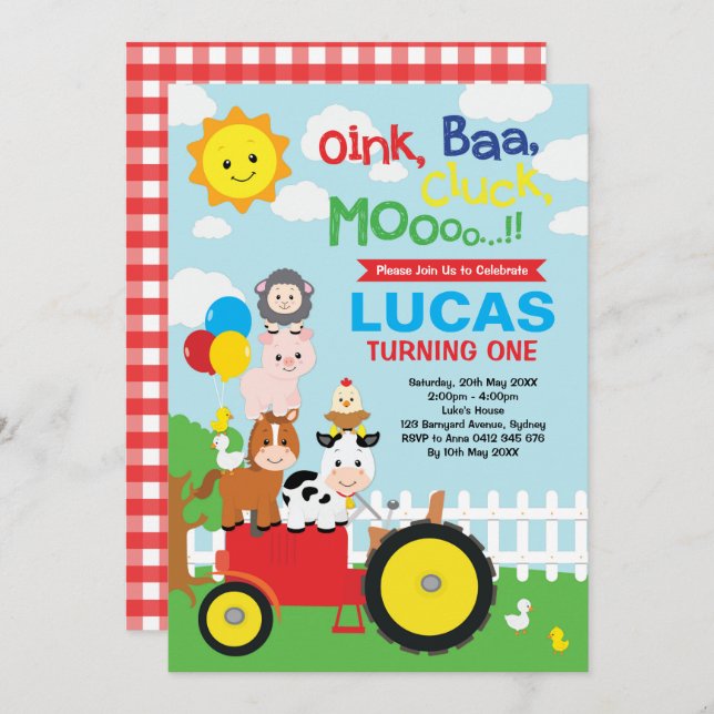 Vibrierender Viehbarnyard-Streichelzoo-Geburtstag Einladung (Vorne/Hinten)