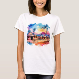 Vibrierendes afrikanisches Dorf Aquarellmalerei T-Shirt