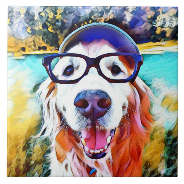 Vibrierendes goldener Retriever-Nerd-Glas-Malen Fliese (Vorderseite)