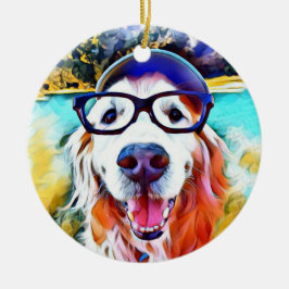 Vibrierendes goldener Retriever-Nerd-Glas-Malen Keramik Ornament